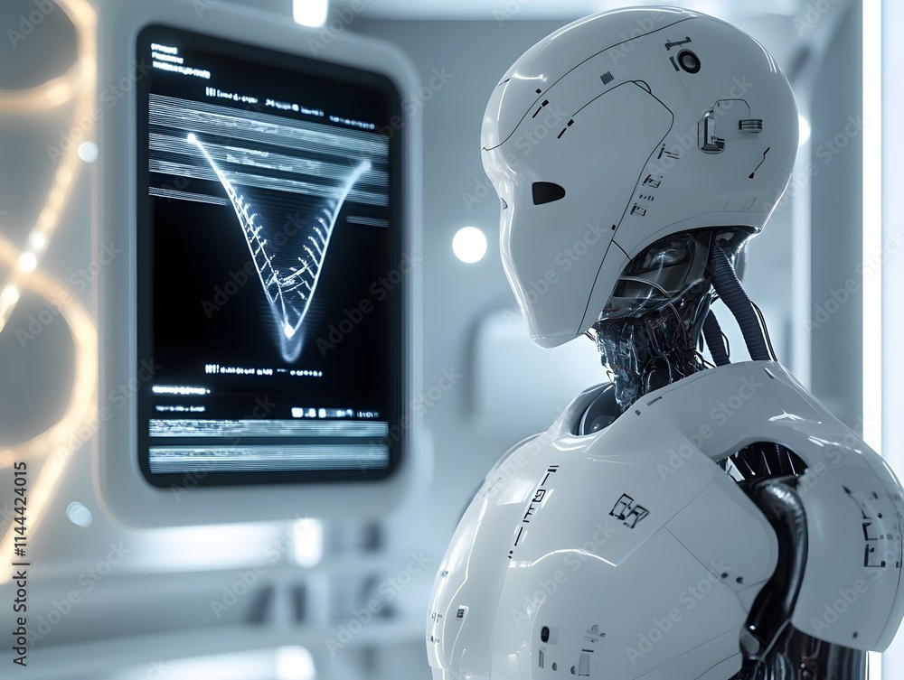 Poster a futuristic robot stands in a high-tech environment, observing complex data displayed on a sleek sc