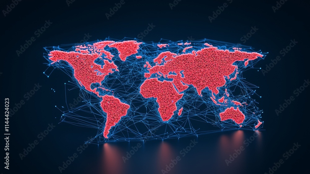 Aufkleber digital grid with interconnected nodes and illuminated world map depicting global data transmission.