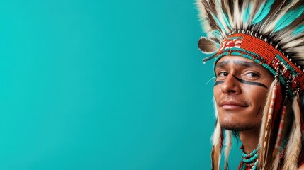 Fototapeta premium A modern take on traditional styles: a man poses against a blue background wearing an intricate feathered headdress, blending contemporary elements with classic designs.