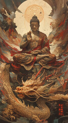 Fototapeta premium buddha monk with dragon meditation anime cartoon style background