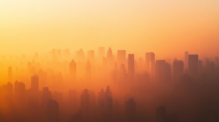 Obraz premium City skyline disappearing into orange fog at sunrise
