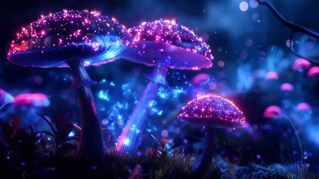 Futuristic mushrooms in surreal landscape: sci-fi concept showcasing fantastic, otherworldly fungi in dreamlike setting