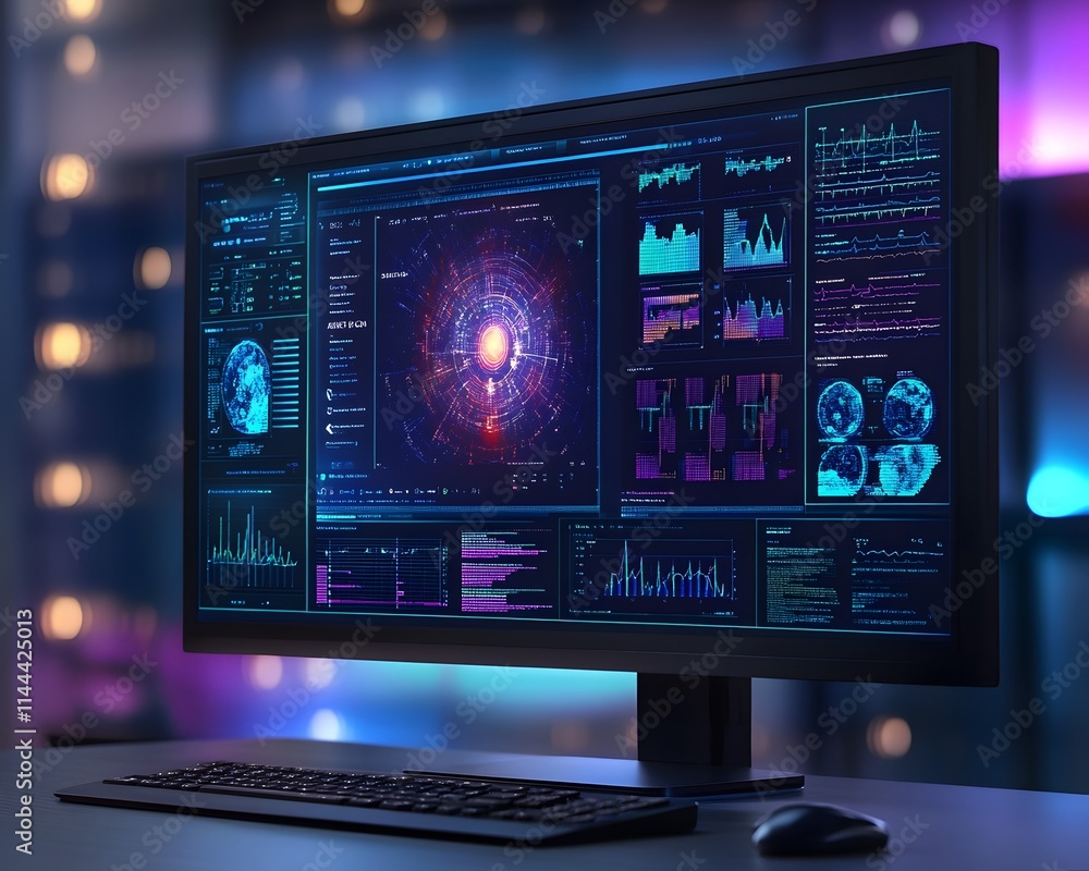 Poster a high-tech computer monitor displaying intricate data visualizations and analytical graphs in a vib