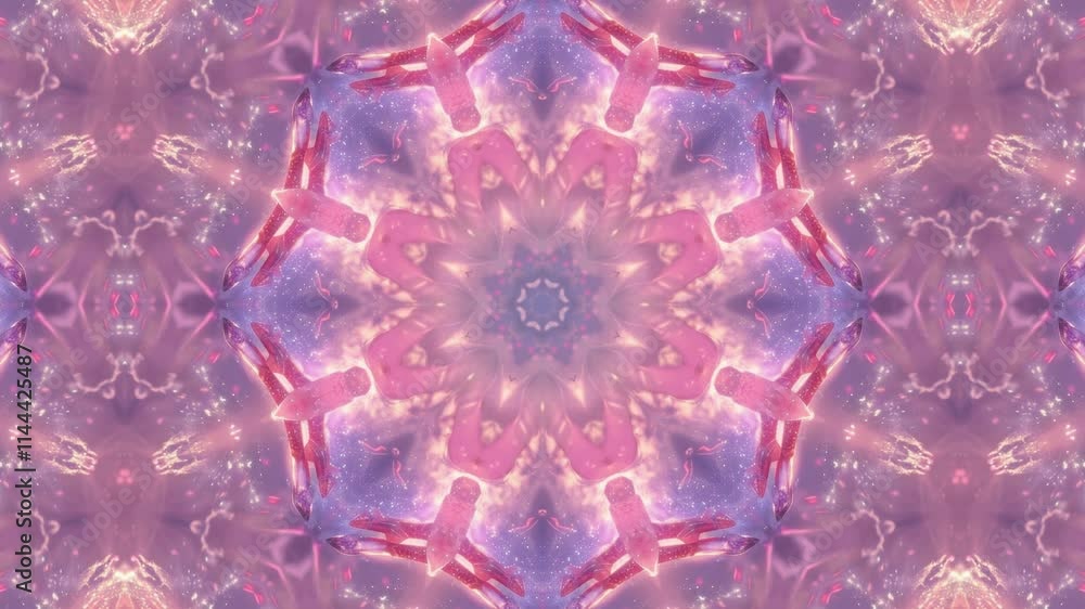 Poster a symmetrical kaleidoscopic pattern with soft pink and purple hues, creating a mesmerizing effect.