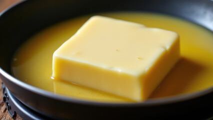 Batch of melted yellow butter with cubed pieces floating on surface.