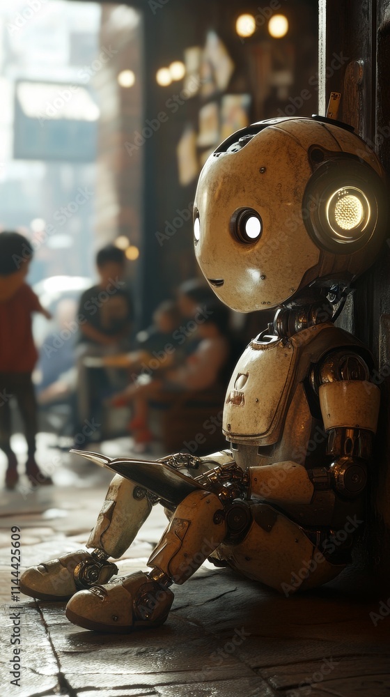 Poster a small, friendly-looking robot sitting against a wall in a busy cafe. the image conveys themes of s