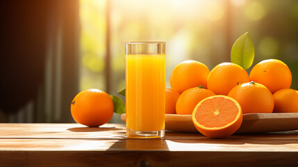Obraz premium glass of orange juice and oranges on the table