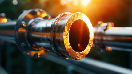 A close-up section of a pipeline glowing warmly in the sunset, representing energy flow and modern technology. The glow enhances the polished metal surface.