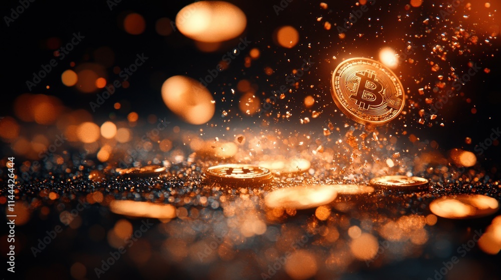 Poster bitcoin coins floating in a glowing, dynamic background.