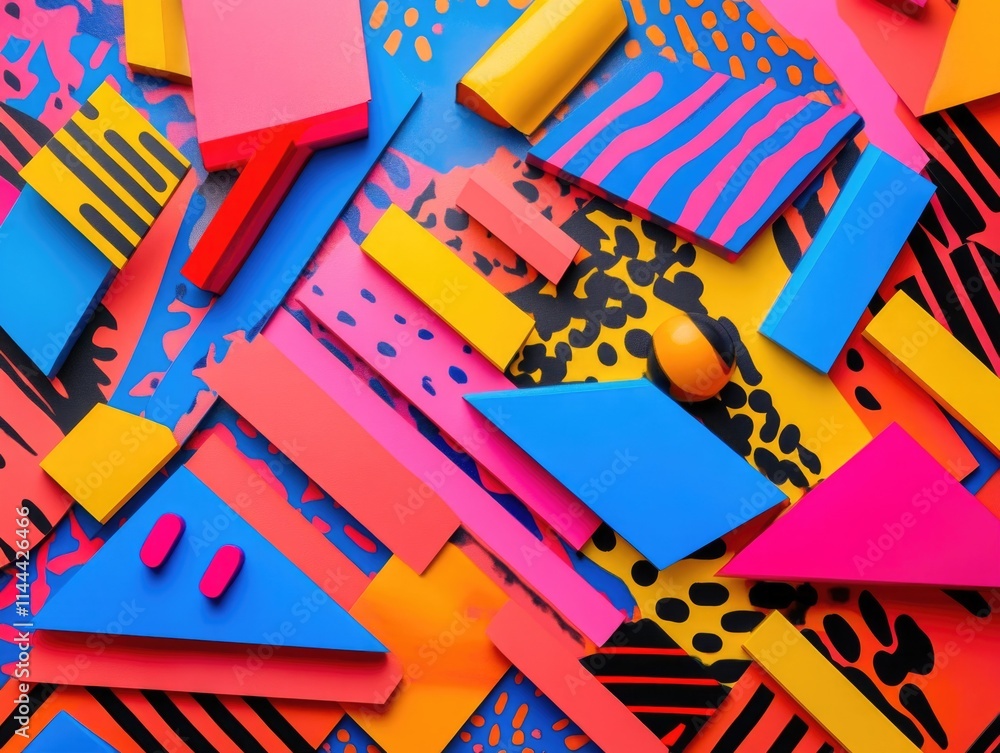 Poster variety of geometric shapes in vibrant colors on background with abstract patterns.