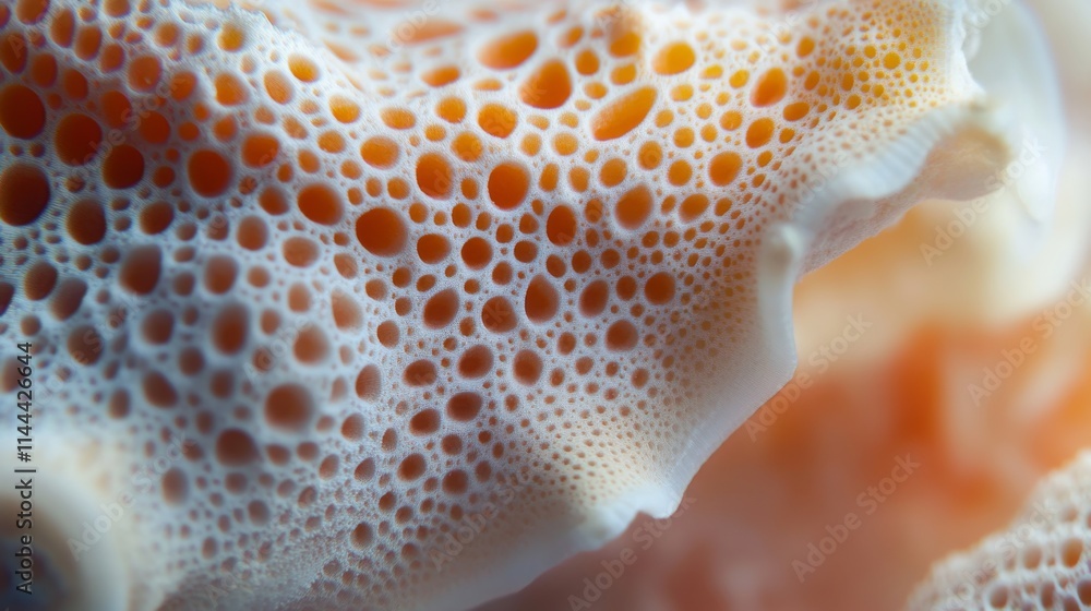 Poster a macro view of an abstract organic surface with bubble-like perforations, flowing shapes, and a mix