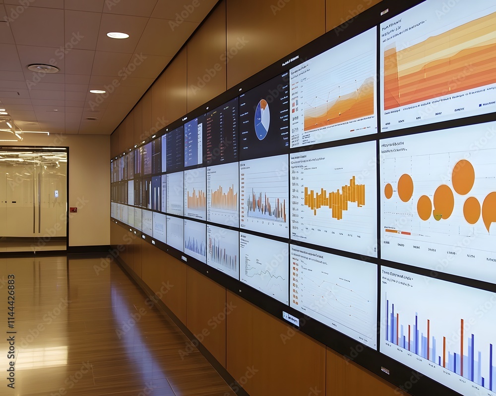 Poster a modern office environment showcasing a large digital display wall with various interactive data vi