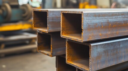 Stack of rectangular hollow section steel tubes in a factory