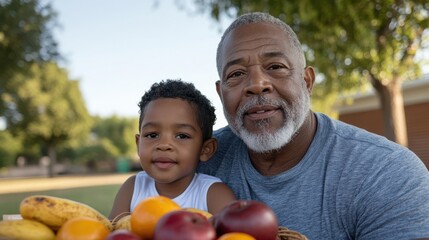 A joyful grandfather and grandson enjoy a sunny garden picnic, surrounded by fruits, sharing warmth and happiness.