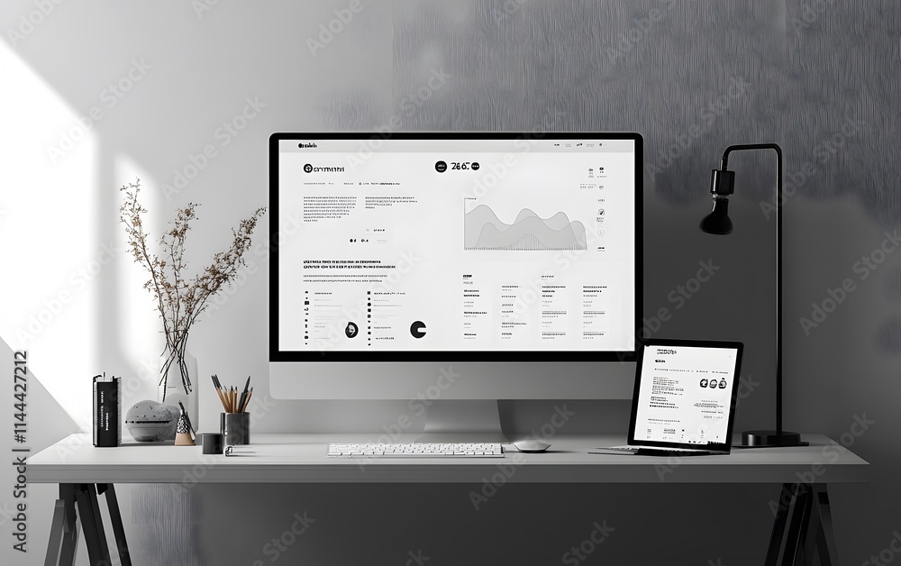 Poster a modern workspace featuring a sleek desktop computer and tablet displaying analytical data. stylish