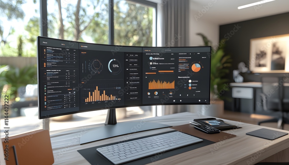 Poster a modern workspace featuring a sleek dual-monitor setup displaying data analytics and productivity t