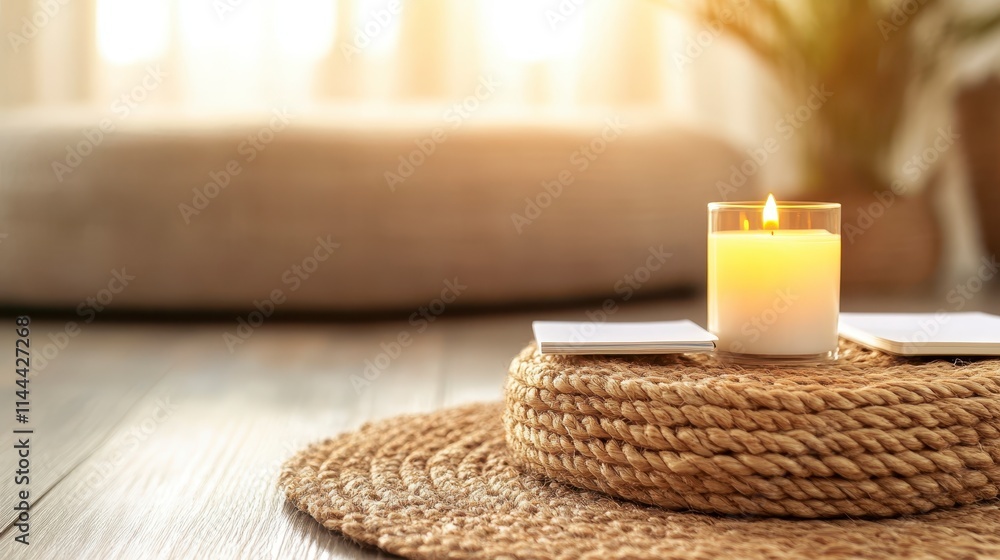 Poster a serene indoor setting featuring a lit candle on a woven mat, creating a calming atmosphere with so