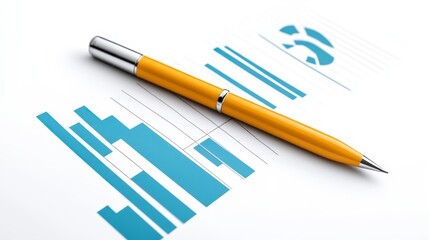 A bright yellow pen rests on a sheet with blue graphs and data visualizations, symbolizing analysis and financial reporting.