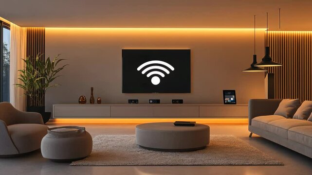 A living room with a flat screen television and a wifi sign on the wall