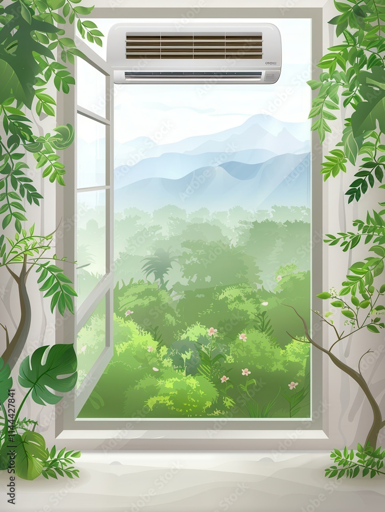 Aufkleber wall mounted air conditioner cools room with open window revealing lush green mountains on a sunny d