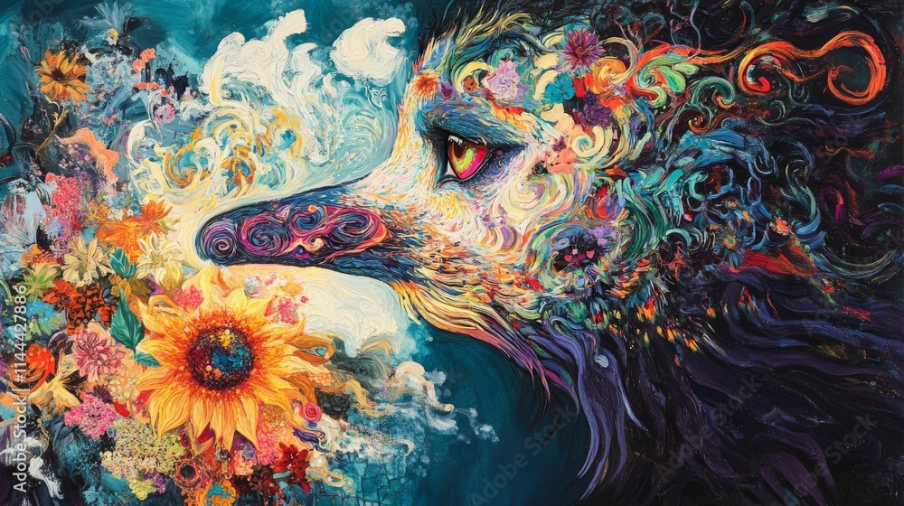 Poster a vibrant and intricate illustration of an eagle adorned with swirling colorful patterns and floral 