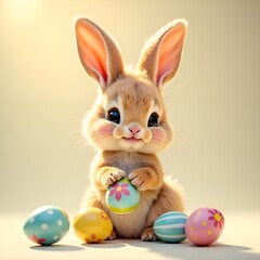 Fototapeta premium A cute Easter bunny stands against a light background, bathed in soft sunlight. His fluffy ears are slightly raised, and a playful smile plays on his face. Brightly colored eggs 