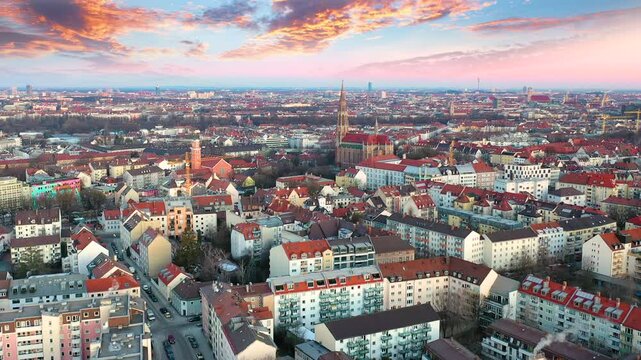 Munich skyline aerial view, dronefrootage of munich germany, marienplatz square downtown city centre, church in old town and town hall.