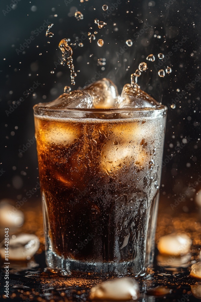 Poster soda being poured into a glass with ice, creating bubbles and making it look appealing and refreshin