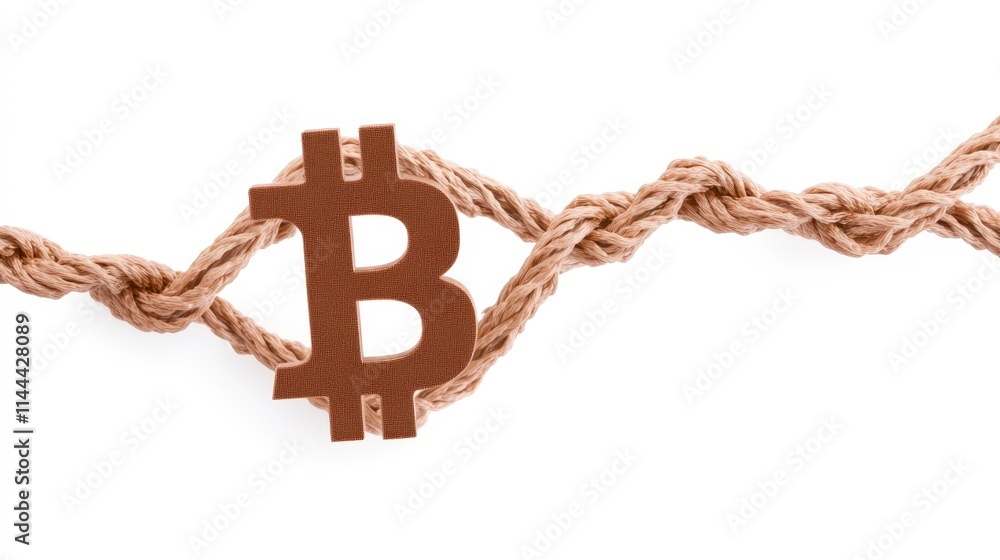 Poster a stylized bitcoin symbol entwined with a rope, illustrating the connection and complexity of crypto