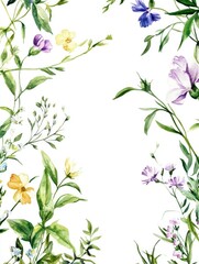 Watercolor painting of a flower garden with a white background. The flowers are in various colors and sizes, and the overall mood of the painting is peaceful and serene