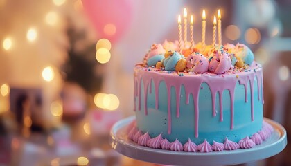 Birthday cake with vibrant icing, soft lighting, cozy celebration setup