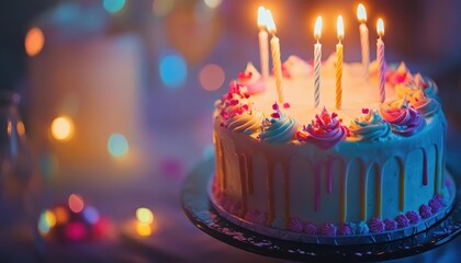 Birthday cake with vibrant icing, soft lighting, cozy celebration setup