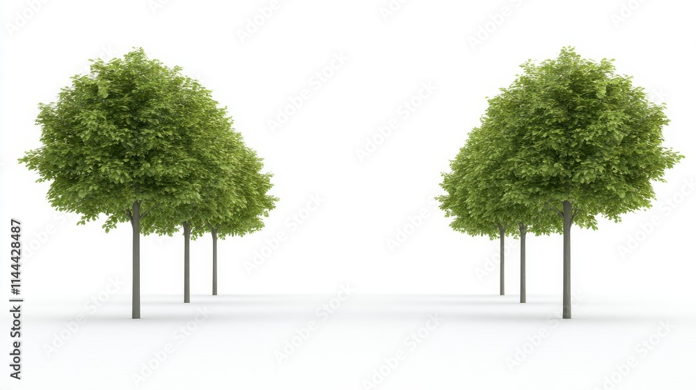 Poster a serene landscape featuring symmetrical green trees against a minimalistic white background, creati
