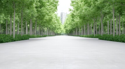 Obraz premium A serene pathway lined with lush green trees, leading toward a modern building in the distance, creating a peaceful urban atmosphere.