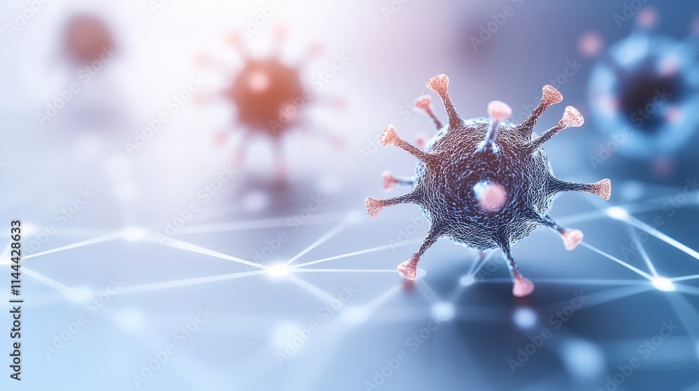 Poster a close-up view of virus particles, showcasing intricate structures and connections, symbolizing bio