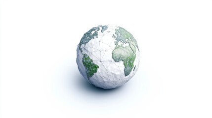 Obraz premium A 3D globe representing Earth, featuring green continents and a textured surface, set against a white background.
