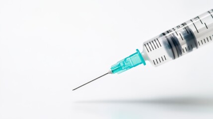 A close-up image of a syringe with a turquoise needle, symbolizing medical procedures or vaccinations.