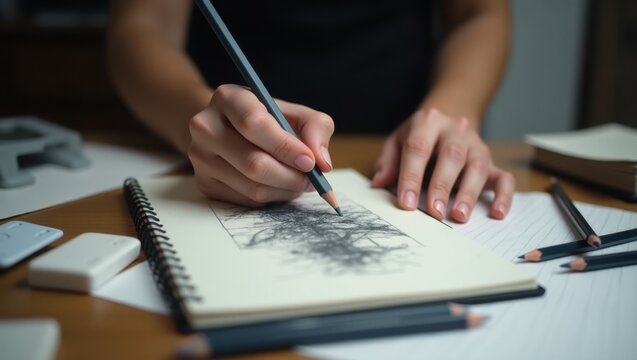 A young woman's hands carefully sketch intricate lines in a sketchbook, a pencil creating a detailed drawing. The soft light highlights the concentration in her focused expression.