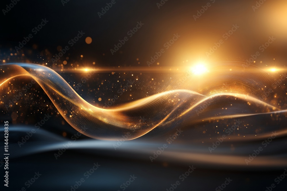 Poster visual representation of flowing light patterns in a dark background with golden hues and sparkles