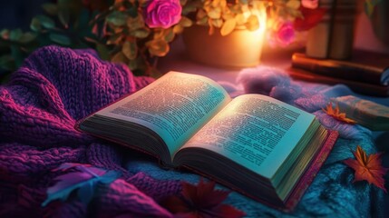 Book and bookmark with vibrant colors, soft lighting, cozy reading nook