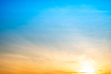 Sky,sunset, beautiful , luxury soft gradient orange gold clouds and sunlight on the blue sky perfect for the background, Sunrise on morning or everning in winter warm time ,Twilight summer,silhouette