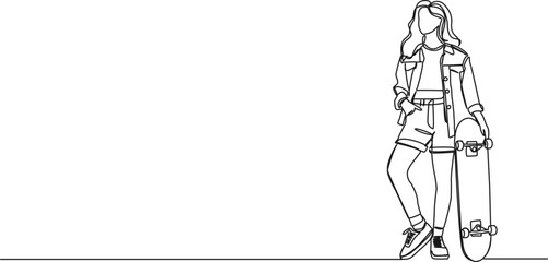 continuous line drawing of young woman holding skateboard, line art vector illustration