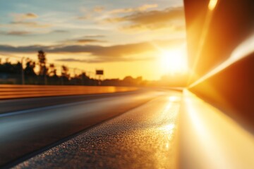 Fototapeta premium Sunsets illuminate the horizon along a tranquil road at dusk in the countryside