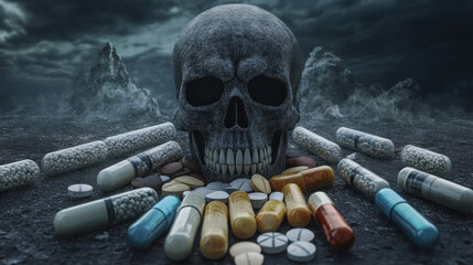 Overdose chaos raw reflection on substance abuse dark landscape digital art grim environment haunting imagery