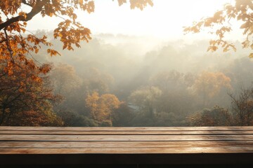 Serene autumn landscape with misty hills and golden foliage at sunrise