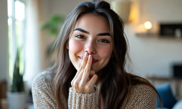 happy 35 year old female influencer pinching her nose like if something smells with her hand and talking to the camera. she is at home