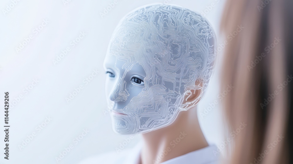 Poster a futuristic humanoid robot head with intricate circuit patterns, reflecting advanced technology and