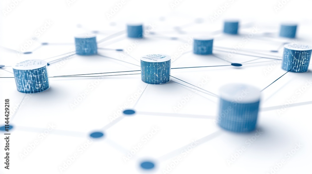 Poster a digital network of interconnected nodes represented by blue cylinders, symbolizing data exchange a