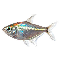 Fototapeta premium A tiny hatchetfish with metallic silver scales and glowing sides. Isolated on a transparent background