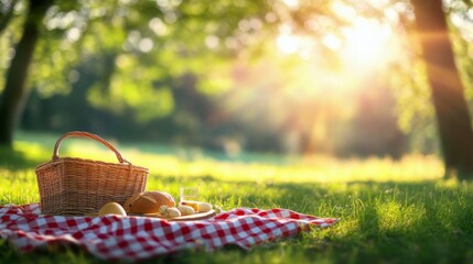 Picnic basket with fresh bread and lemons on a checkered blanket in a sunlit park during a warm afternoon
